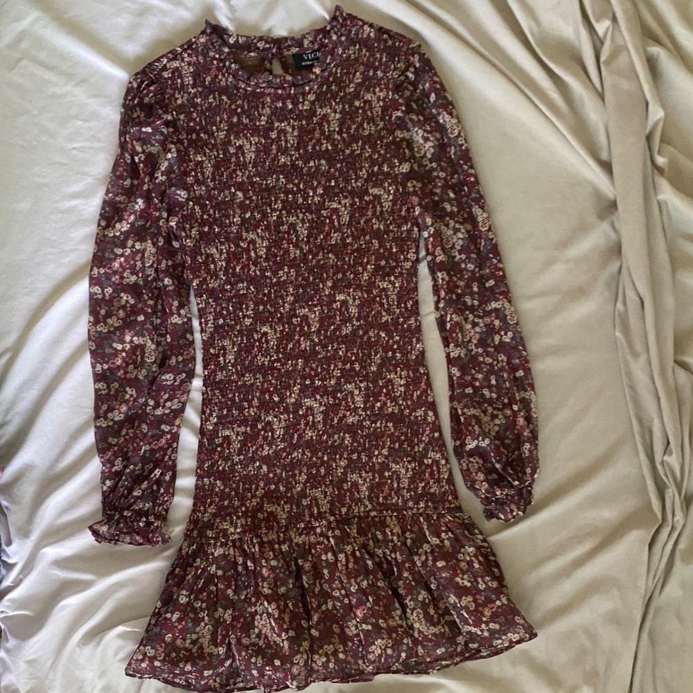Vici Extra Small XS Smocked Fall Dress Long Sleeve Dark Ruffled Mini Dress